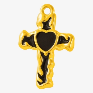 Detailed view of cross pendant with gold lava edges and black enamel heart design