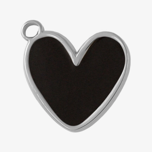 Detail view of heart-shaped stainless steel pendant with black matte finish and top loop