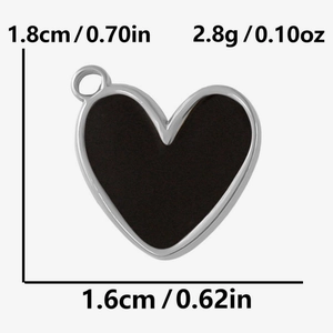 Detail of a 304 stainless steel heart pendant with black enamel finish and dimensions