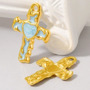 304 stainless steel blue enamel heart cross pendant with lava texture for DIY jewelry