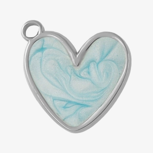 Detail of a 304 stainless steel heart pendant with blue and white enamel marble texture