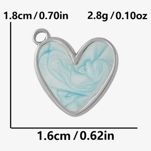 Detail showing dimensions of blue marble heart charm in 304 stainless steel for DIY jewelry