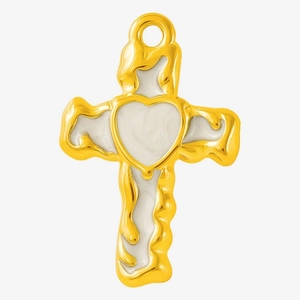 Detailed view of gold molten drip cross pendant with white enamel heart inlay for DIY jewelry