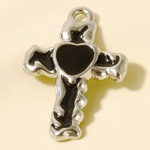 Detail of gothic stainless steel cross pendant with black heart drip oil for DIY jewelry