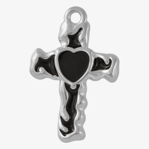 Macro detail of 304 stainless steel cross heart pendant with black enamel dripping oil finish