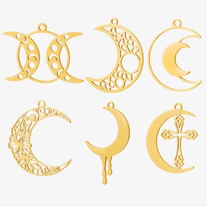 304 Edelstahl Mond Anhänger Mit 18K Vergoldet Hohl Kreuz Dreifache Mondgöttin DIY Schmuckherstellung Zubehör