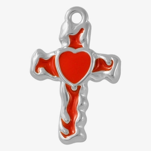 Detailed close-up of 304 stainless steel cross pendant with red heart and flame enamel inlay