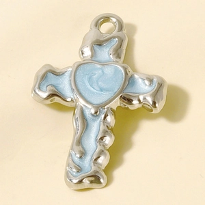 Detail of 304 stainless steel cross pendant with light blue heart oil-drip enamel design