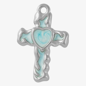 Detailed macro view of silver cross pendant with molten edges and blue marble heart