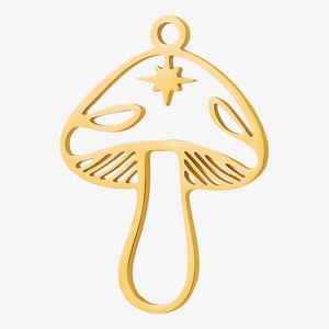 Detailed macro view of a 304 stainless steel gold mushroom pendant with star cutouts