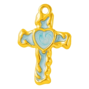 Stainless steel cross heart pendant with blue marble texture on white background