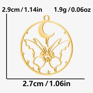 Detail showing dimensions of the gold butterfly moon hollow pendant made of 304 stainless steel