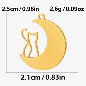 Detailed dimensions of gold moon cat pendant in 304 stainless steel for DIY jewelry