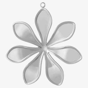 Detailed macro shot of a silver 304 stainless steel seven-petal flower pendant with top loop