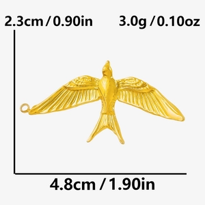 Detailed dimensions of 18k gold bird pendant showing 4.8cm width and 2.3cm height