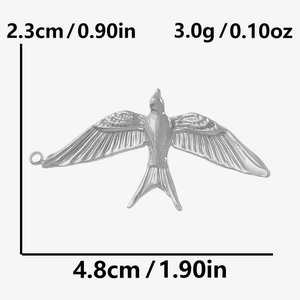 Detailed size chart showing dimensions and weight of the silver bird pendant