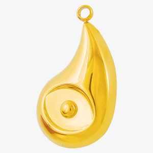 Macro detail of tear drop gold pendant with unique recessed center and mirror finish