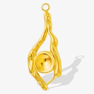 Detail of a 304 stainless steel gold pendant featuring an organic branch frame with a metal bead