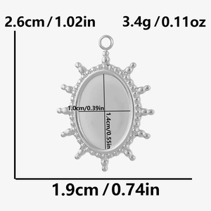 Detailed size and weight specs for oval stainless steel sunburst DIY jewelry pendant base