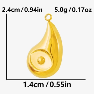 Detail view of gold teardrop pendant with dimensions 2.4cm height and 5g weight specs