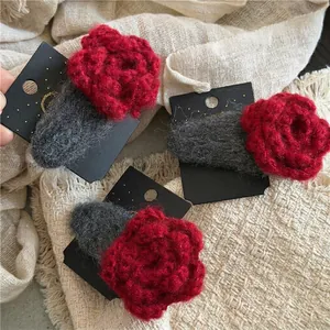 Handmade Crochet Red Rose Hair Clip Korean Style Woolen Yarn Flower BB Clip For Women Girls Winter Hair Accessories