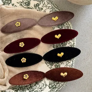 8-piece vintage velvet oval hair clips with gold heart and rhinestone flower charms