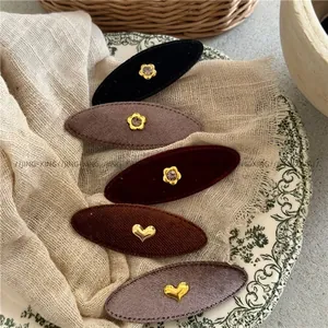 Vintage velvet oval hair clips with gold heart and rhinestone flower accents in 5 pieces