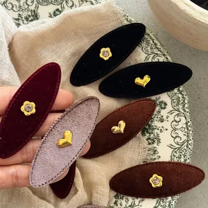 Retro Velvet Fabric Hair Clip For Women Alloy Heart Floral Rhinestone Inlaid Handmade BB Snap Clip Elegant Hair Accessories