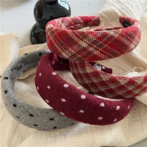 Cerchietto in Tessuto di Lana a Quadri da Donna Autunno Inverno Largo Imbottito a Pois Stile Coreano Retrò Accessori per Capelli