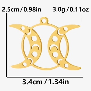 Golden 304 stainless steel triple moon goddess pendant with size dimensions and weight