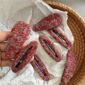 Red Tweed Wool Fabric Hair Clips Women Vintage Oval Waterdrop BB Clips Korean Style Elegant Winter Hair Accessories