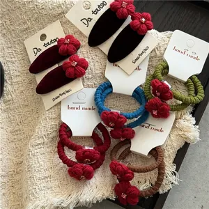 Handgemachte Rote Häkelblume Haargummis Und Clips Set Mit Strass Für Damen Mädchen Mode Strick Floral Haarschmuck