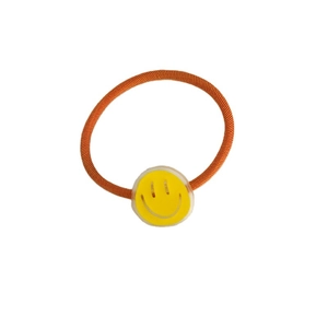 Cute yellow smiley face charm elastic hair tie with vibrant orange braided rope