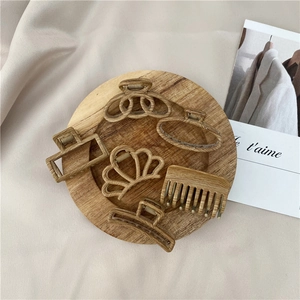 6pcs set of minimalist wood grain hair claws in geometric resin shapes on wooden tray