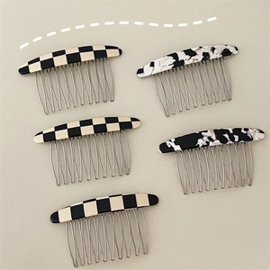 Five-piece checkerboard and marble pattern hair comb set with metallic silver ten-tooth combs