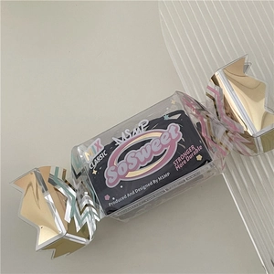 Detail of candy-shaped storage case with transparent shell and golden wrap edges