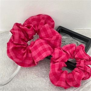 Chouchou en Tissu à Carreaux Rose Fait Main Elastique à Cheveux Doux Plissé Gingham Anneau de Cheveux pour Femmes Filles