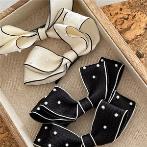 Elegant Ribbon Bow Hair Clips With Faux Artificial Pearl Decorative Satin Fabric Contrast Edge Duckbill Clip For Women Girls Hair Accessories