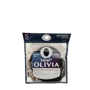Pack of 5 seamless black hair elastics in professional Olivia MSMP hanging card packaging
