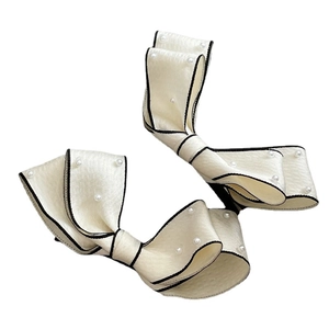 Elegant white satin bow hair clips with pearls and black edges for women, 2-piece set