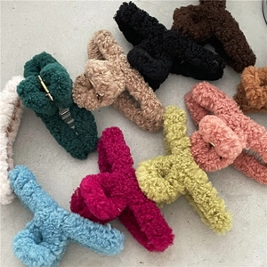 Fuzzy lamb wool hair claw clips in various colors for women autumn winter hair styling