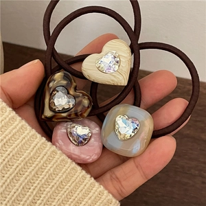 Elegant Acetate Marble Pattern Heart Square Hair Tie With Rhinestone Heart Crystal Minimalist Elastic Hair Rope For Women Daily Accessory
