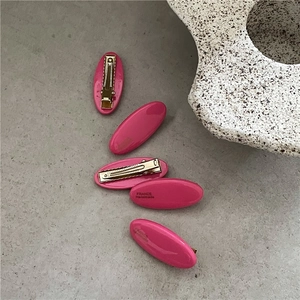 Set of 5 bright pink oval resin hair clips with handmade gold metal duckbill buckles