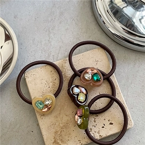 Vintage Heart Resin Hair Ties With Rhinestones Korean Style High Elastic Hair Ropes For Women Daily Fashion Accessories