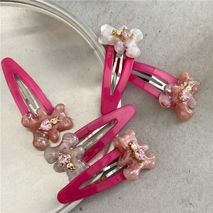 Lot de 4 barrettes rouge rose avec ours en résine marbrée et cœurs roses brillants
