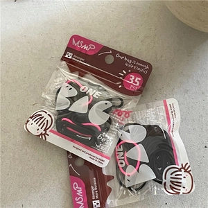 Close-up of 35-piece pink and black elastic hair ties in transparent packaging