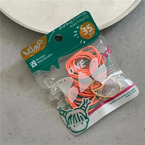 Detail of colorful elastic hair bands set in transparent packaging with green card