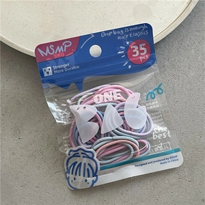 Detail view of 35pcs colorful elastic hair bands in a transparent hanging package
