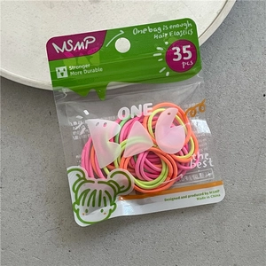 Detail of 35-piece pack of colorful elastic hair ties in a transparent pouch