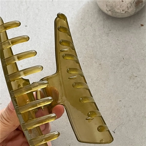 Detail einer olivgrünen durchsichtigen Haarklammer mit einer starken goldfarbenen Feder